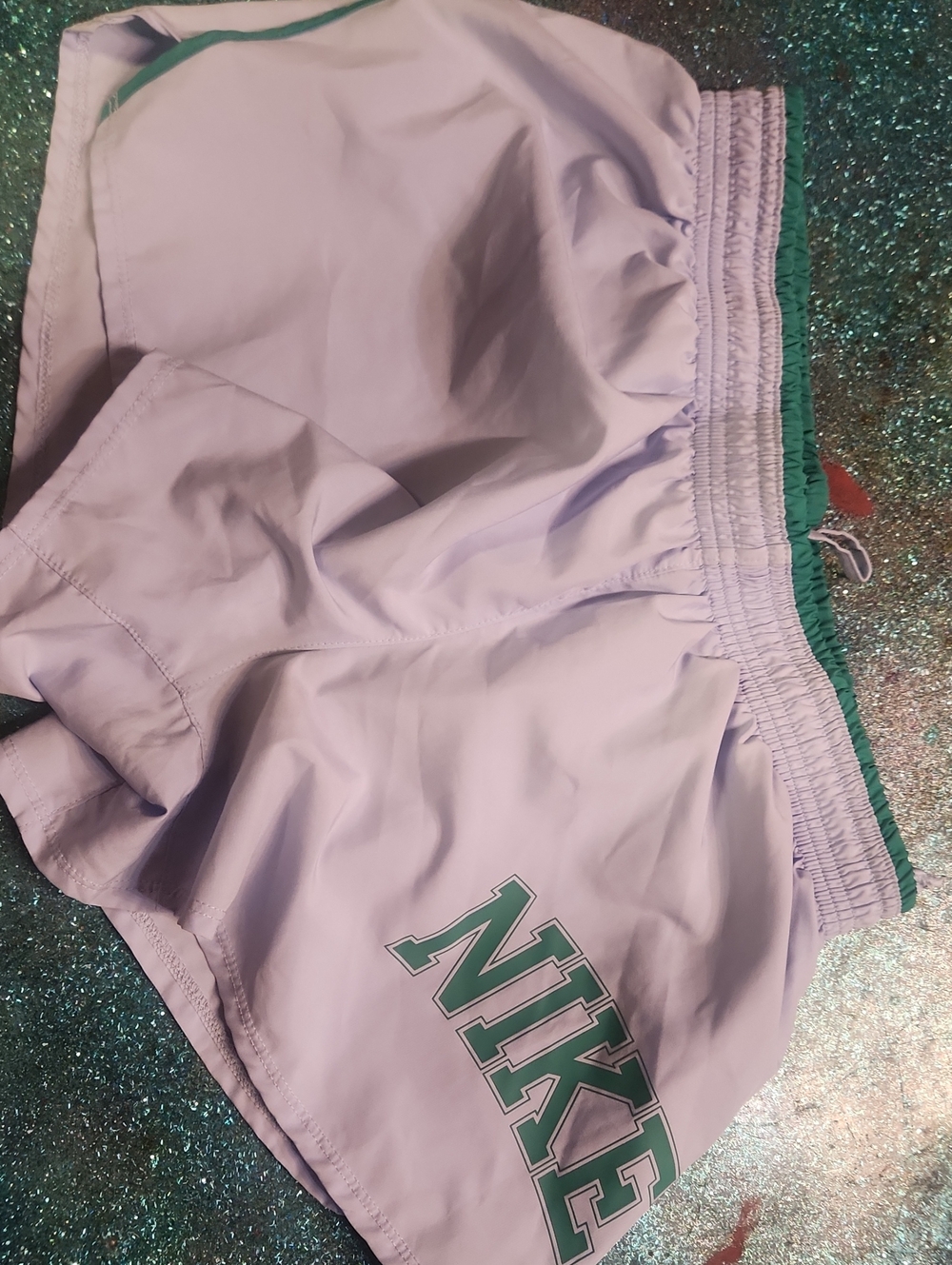 Nike Girls Light Purple Athletic Shorts with Green Trim